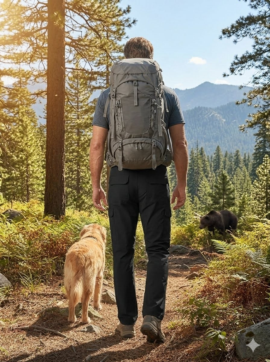 Man with a backpack walking a dog through a forest with mountains in the background