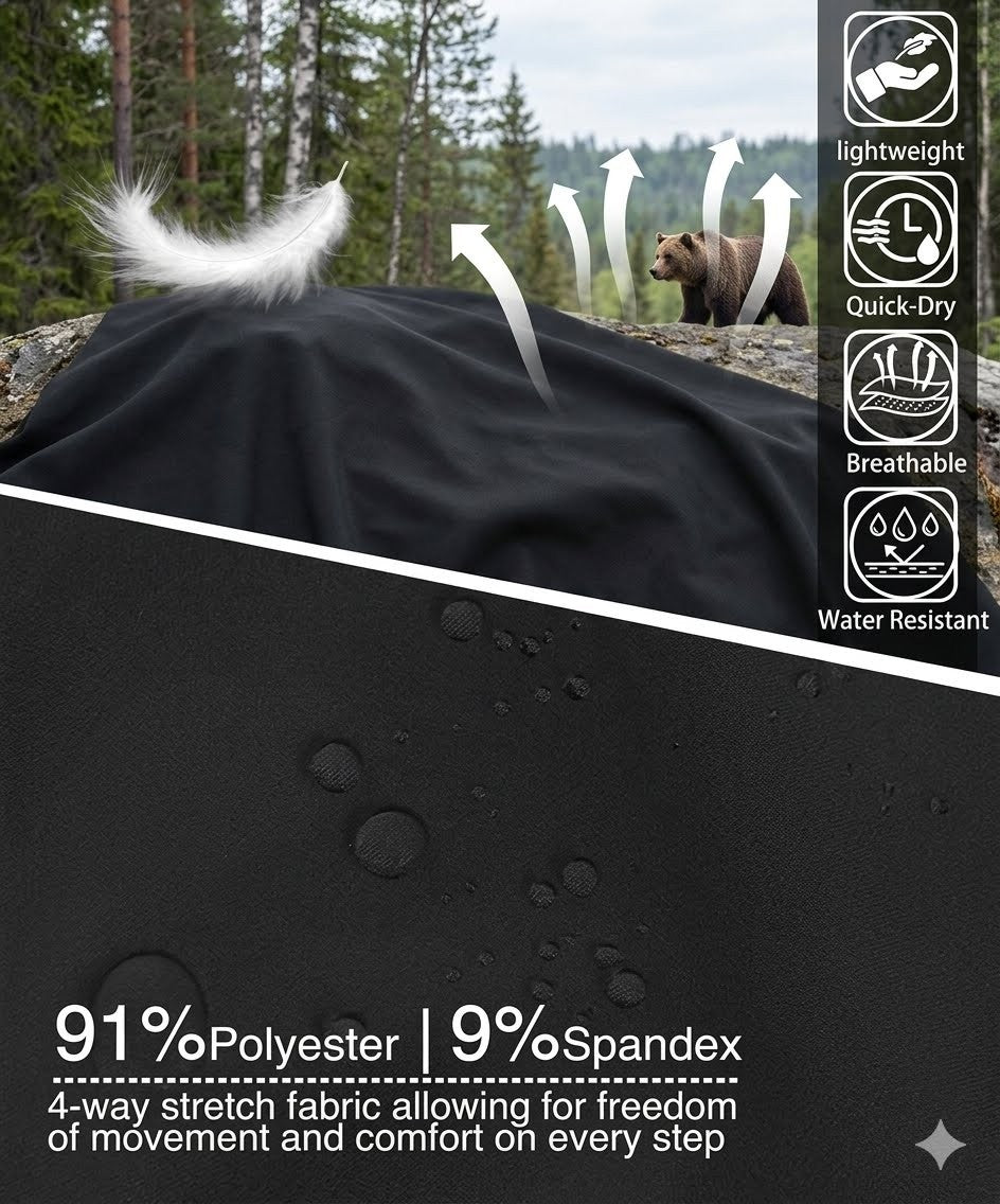 Black fabric with water droplets, bear in the background, and product features on the side.