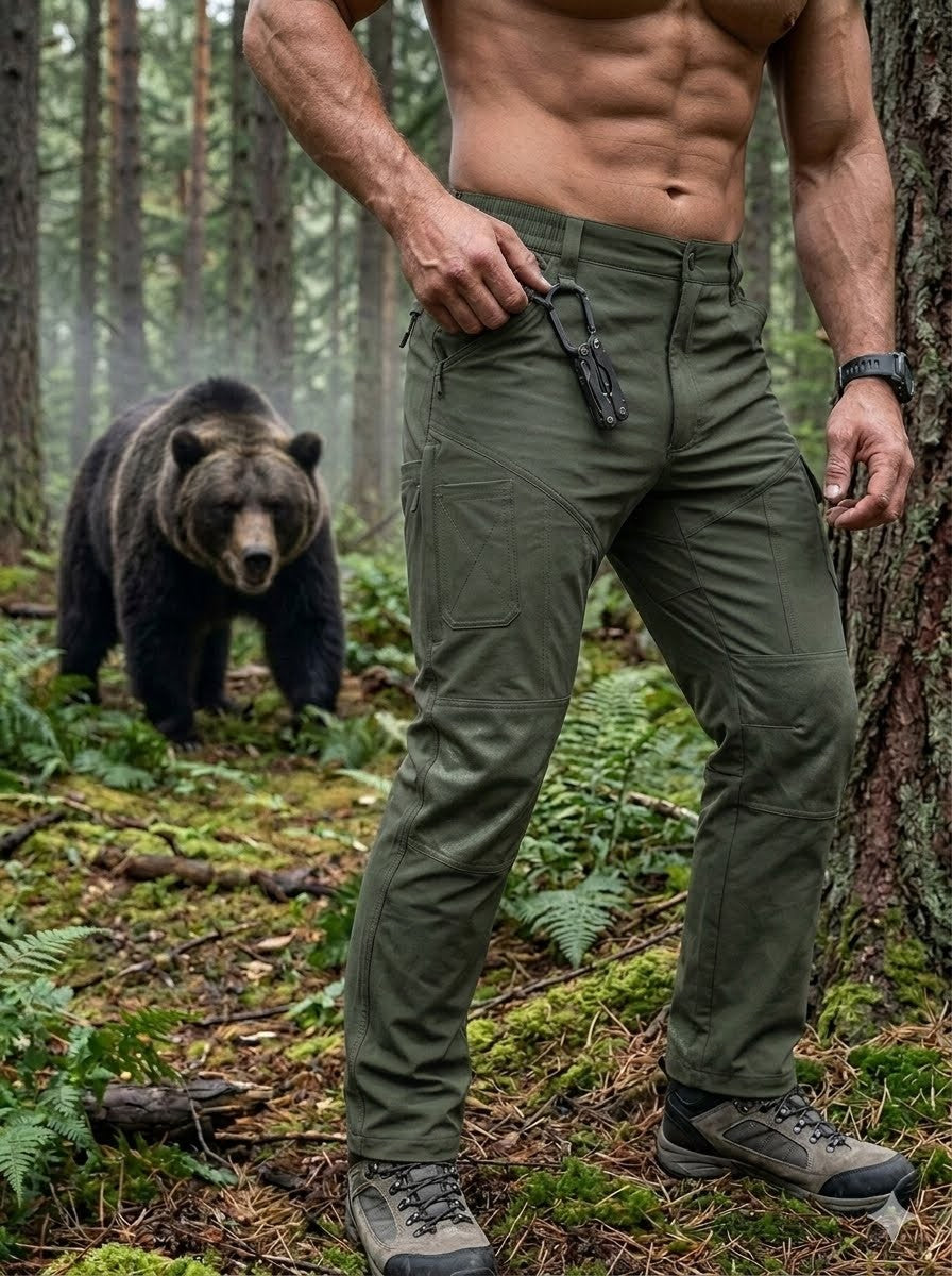Man in green pants standing in a forest with a bear in the background Biggreenbear.com