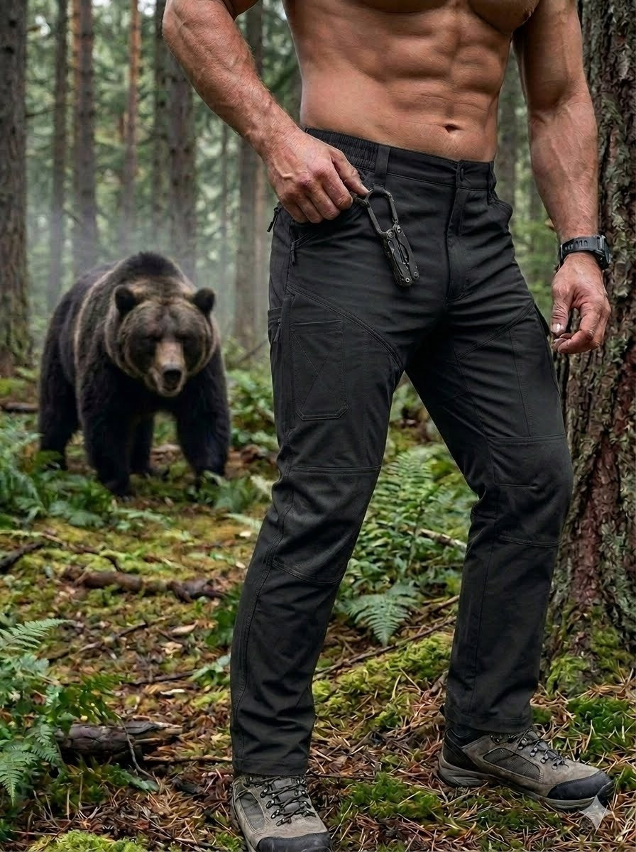 Man in black pants standing in a forest with a bear in the background Biggreenbear.com