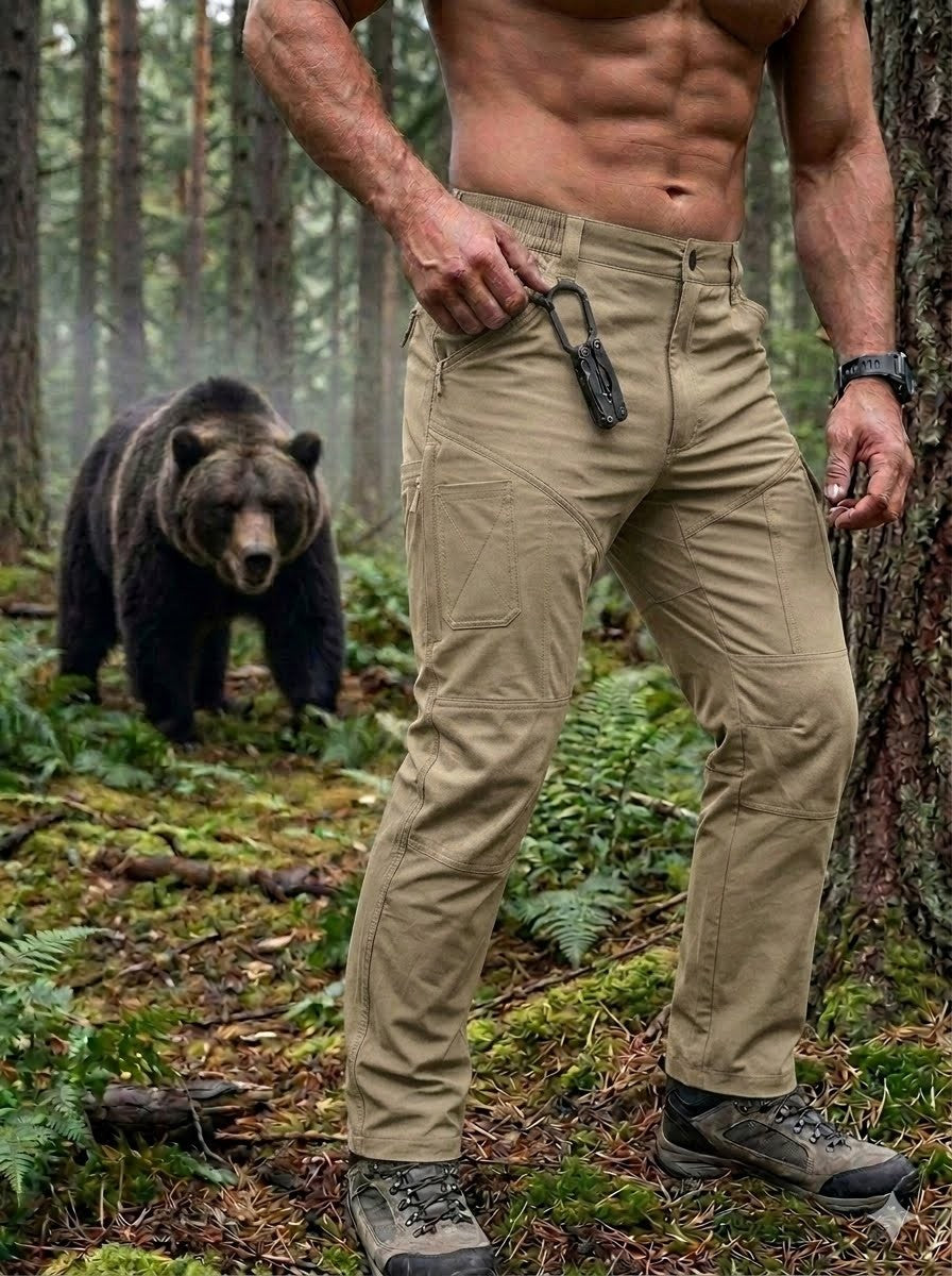 Man in beige pants standing in a forest with a bear in the background Biggreenbear.com