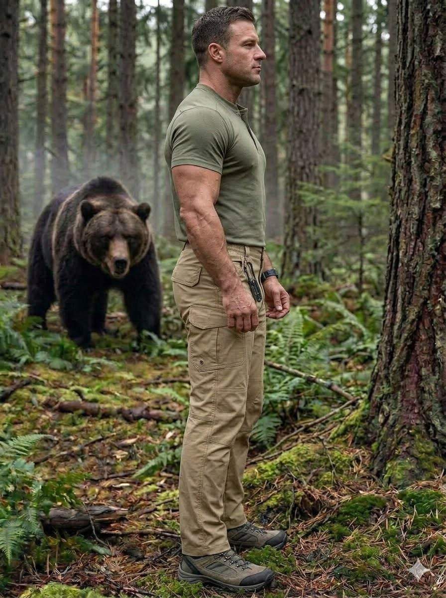 Man in green shirt and beige pants standing next to a bear in a forest