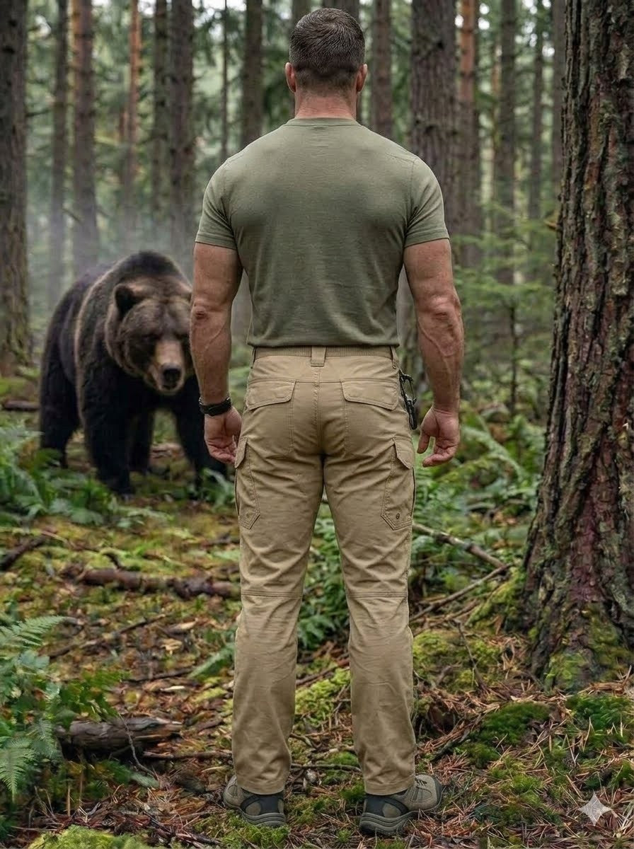 Man in green shirt and beige pants standing in a forest with a bear nearby