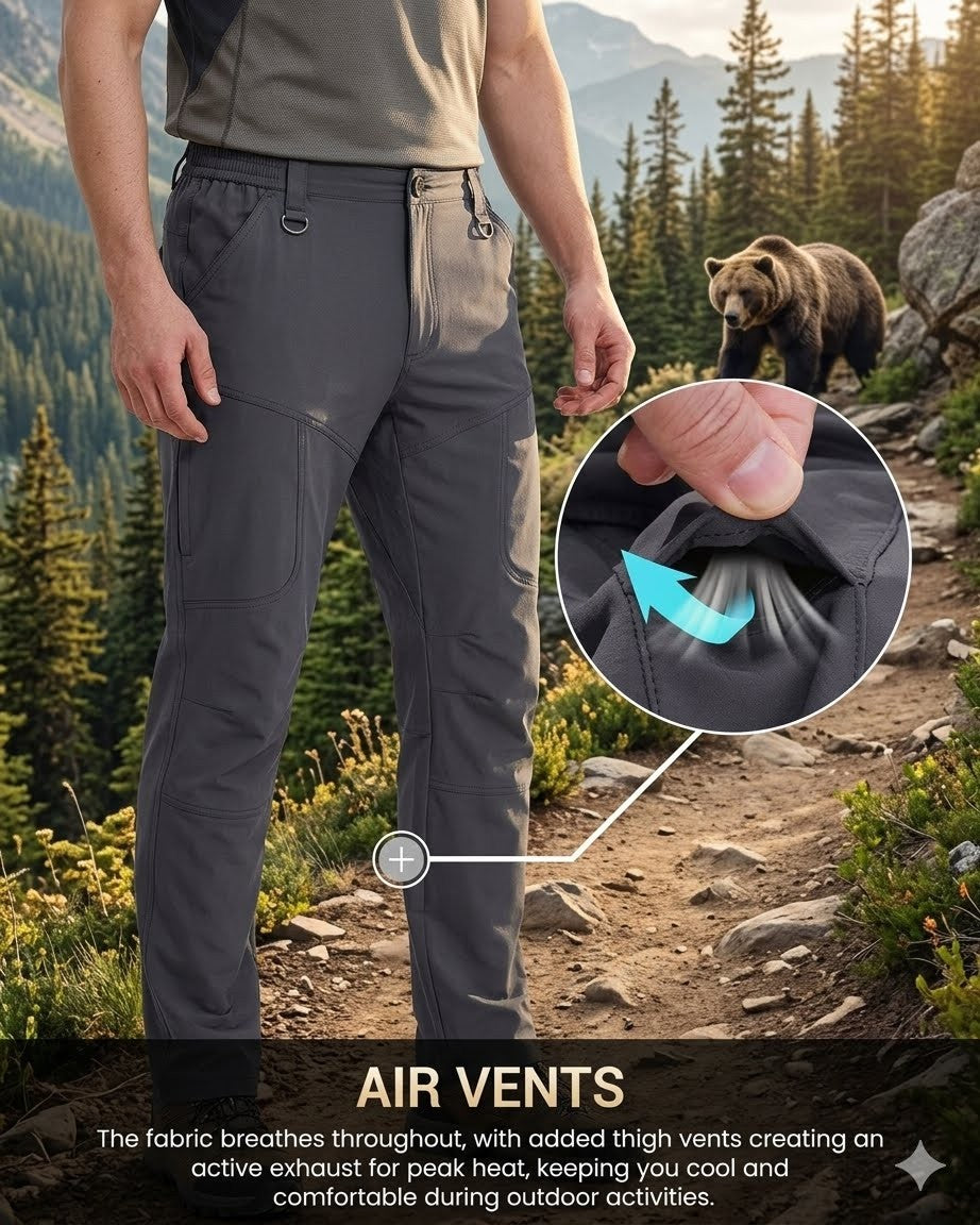 Person wearing gray pants with air vents in a forest setting, showing a bear in the background.