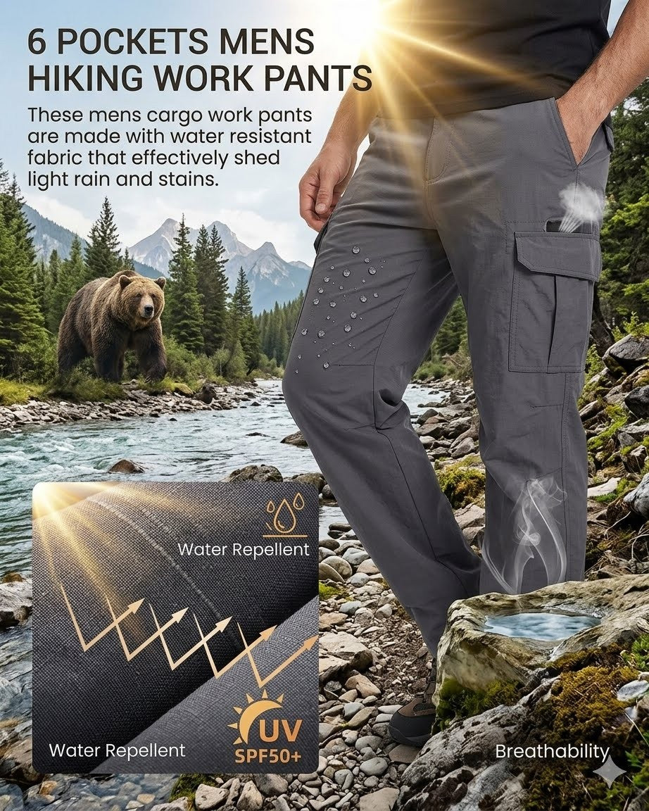Mens hiking work pants with water repellent feature in a natural setting.