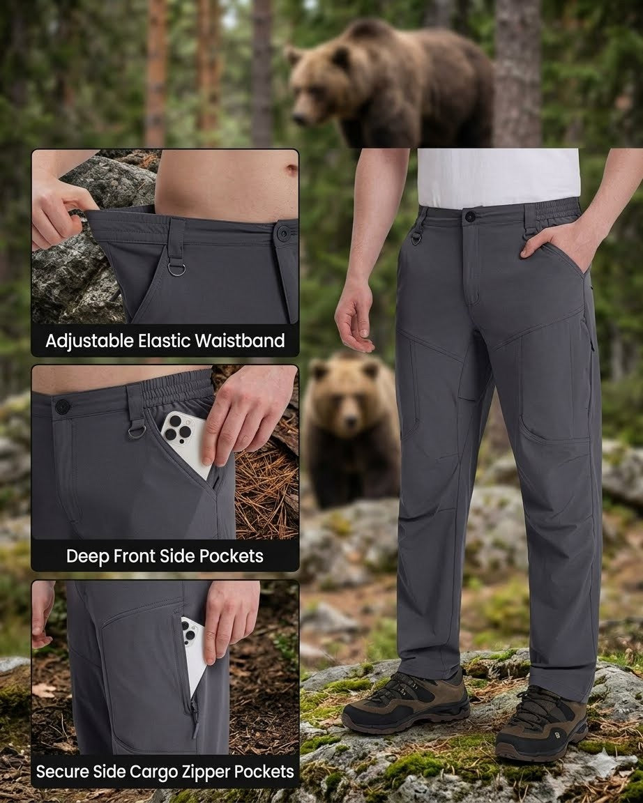 Collage of gray pants with features highlighted, set against a natural background with a bear.
