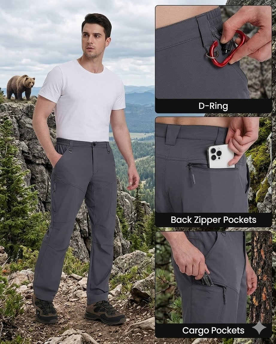 Man wearing gray hiking pants with outdoor scenery and close-up details.