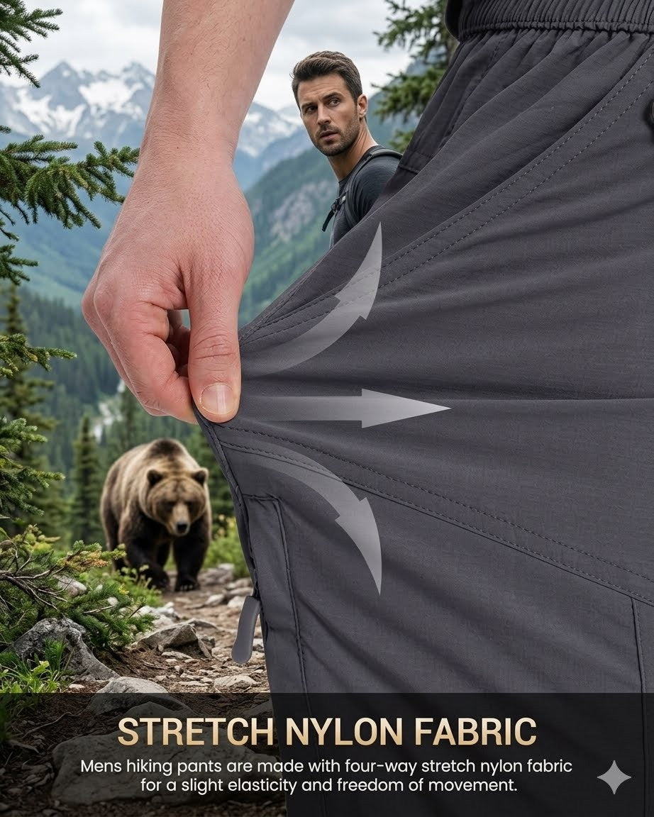 Person wearing gray hiking pants with a bear and mountain background