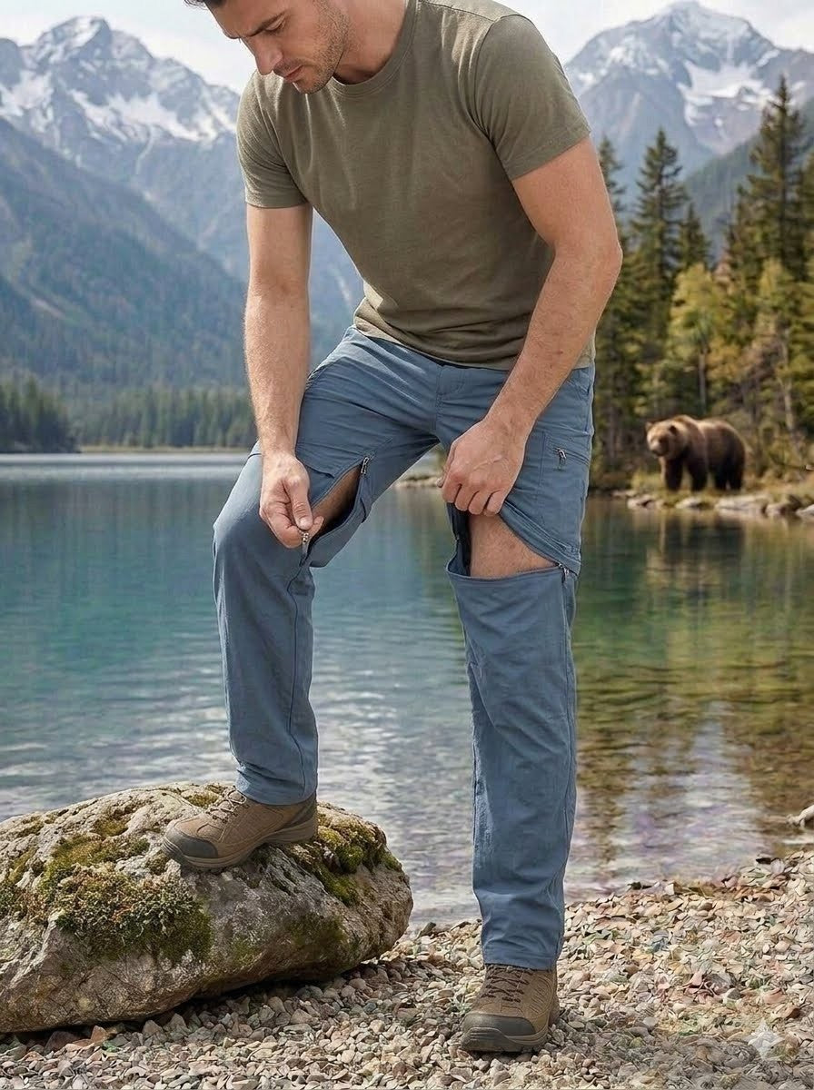 Man in outdoor setting with mountains and bear in the background