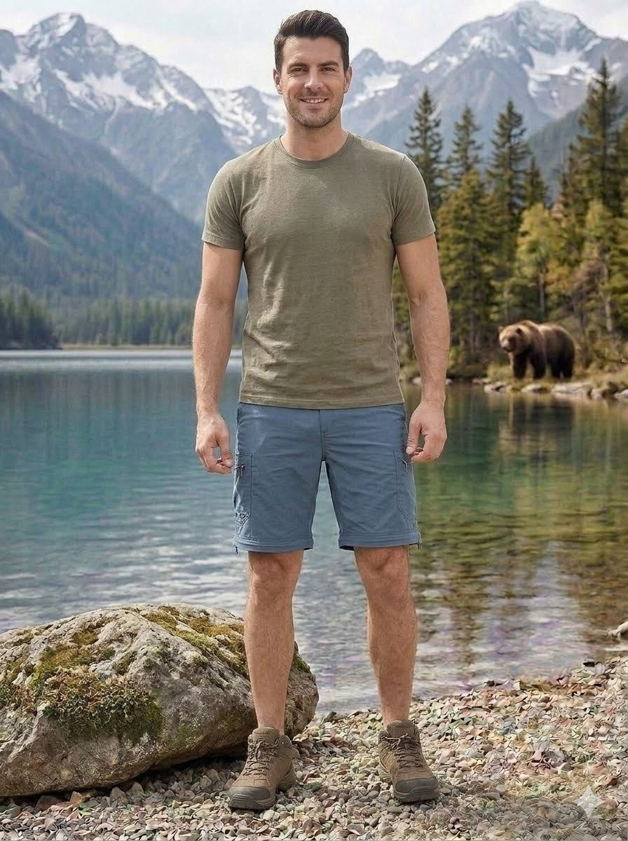 Man standing by a lake with mountains and a bear in the background