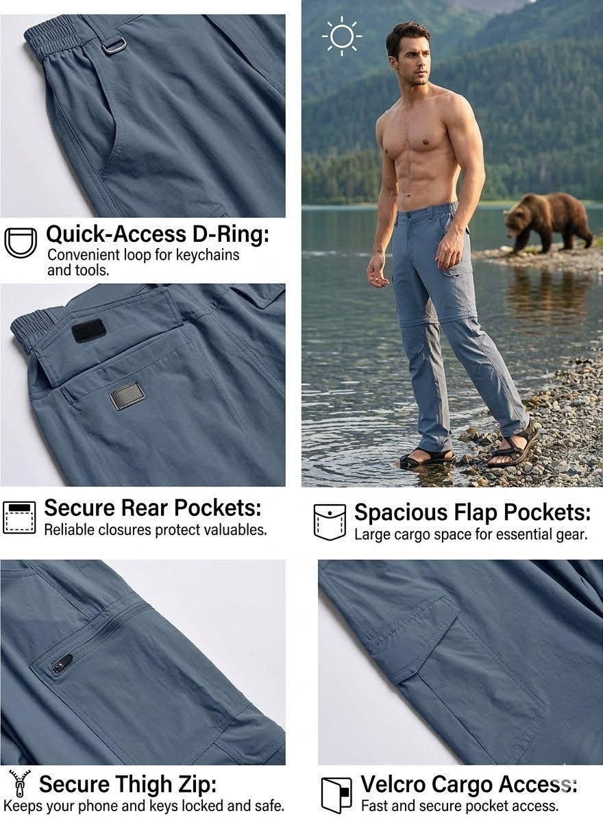Blue pants with features highlighted and a man wearing them by a lake.