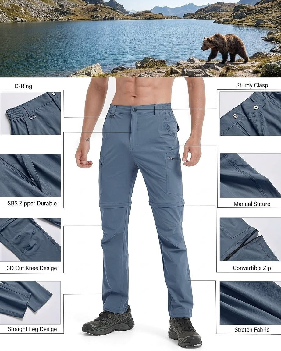 Blue hiking pants with features highlighted on a scenic background with a bear.