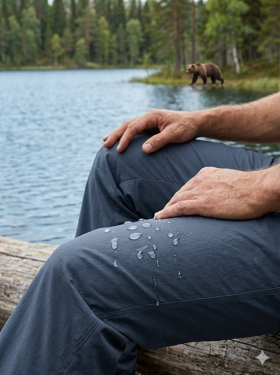 Person sitting by a lake with a bear in the background