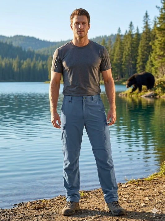 Man standing by a lake with a bear in the background Big Green Bear