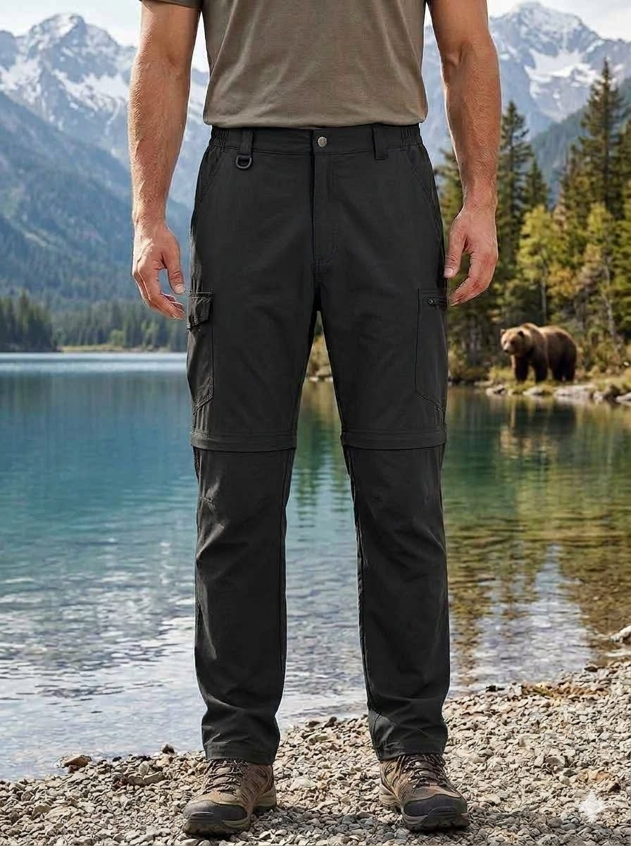Person wearing black cargo pants standing by a lake with a bear in the background Big Green Bear