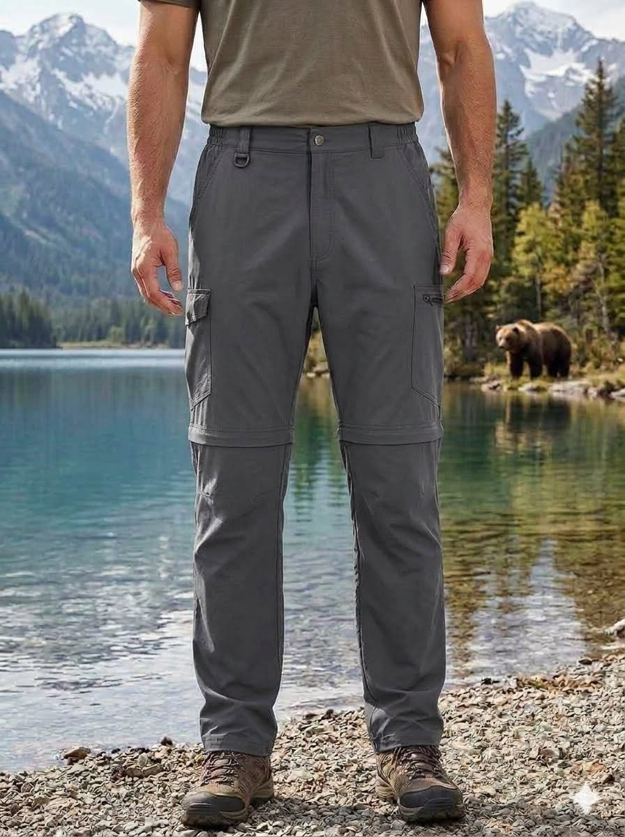 Person wearing blue hiking pants with a bear and lake in the background Big Green Bear