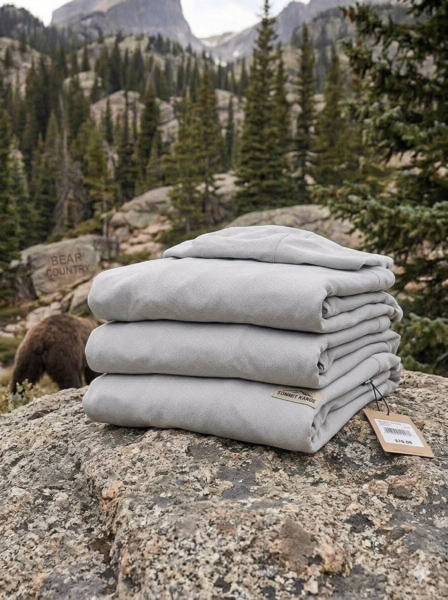 Stack of folded blankets on a rock with a mountainous background