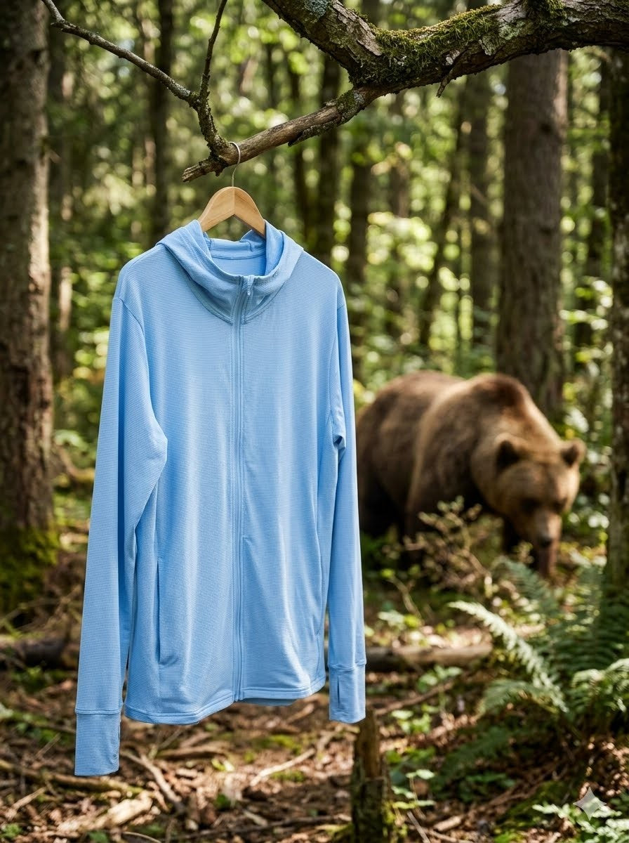 Blue jacket hanging on a tree branch with a bear in the background in a forest setting