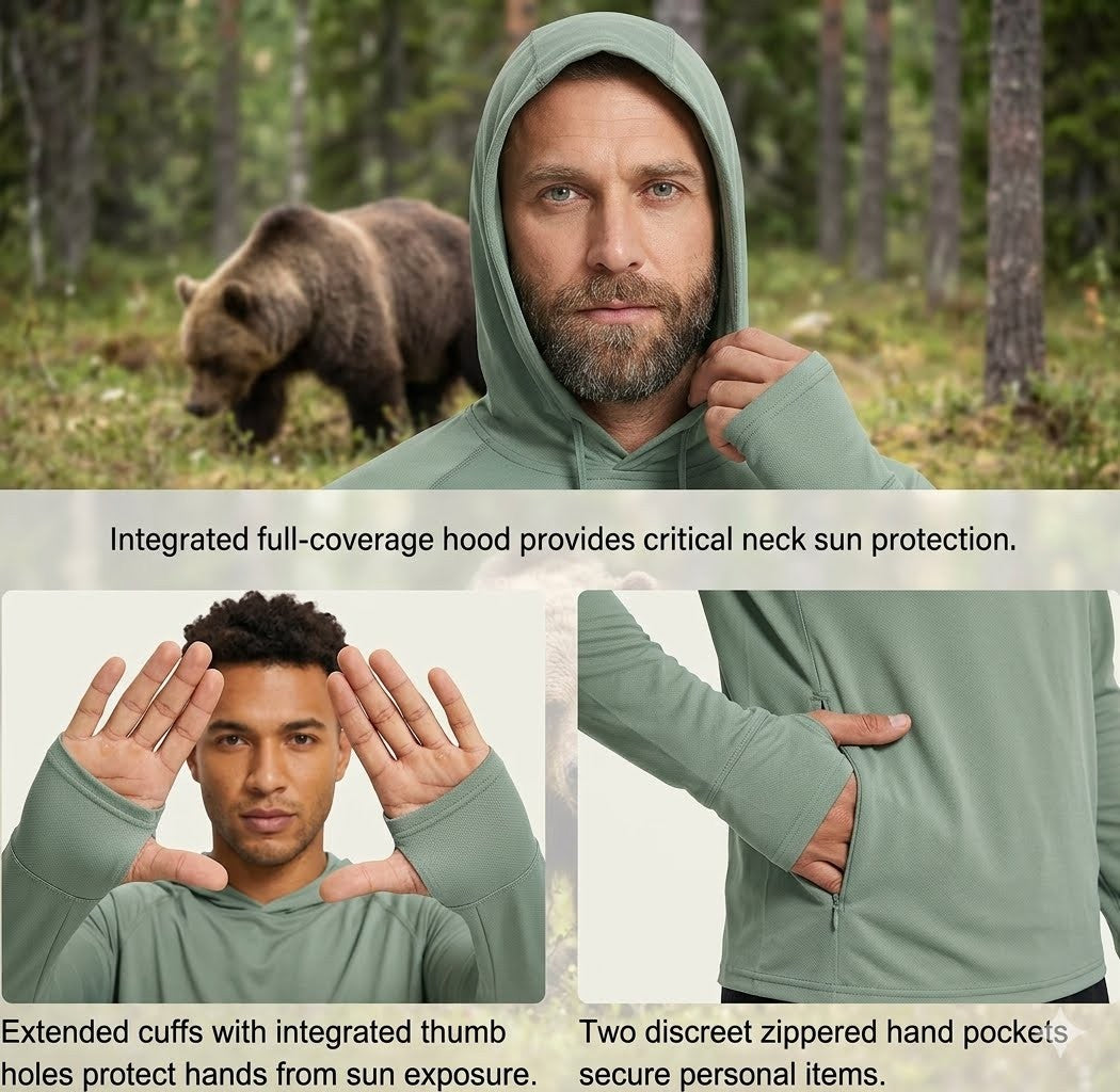 Man wearing a green hoodie with text highlighting features, with a bear in the background.