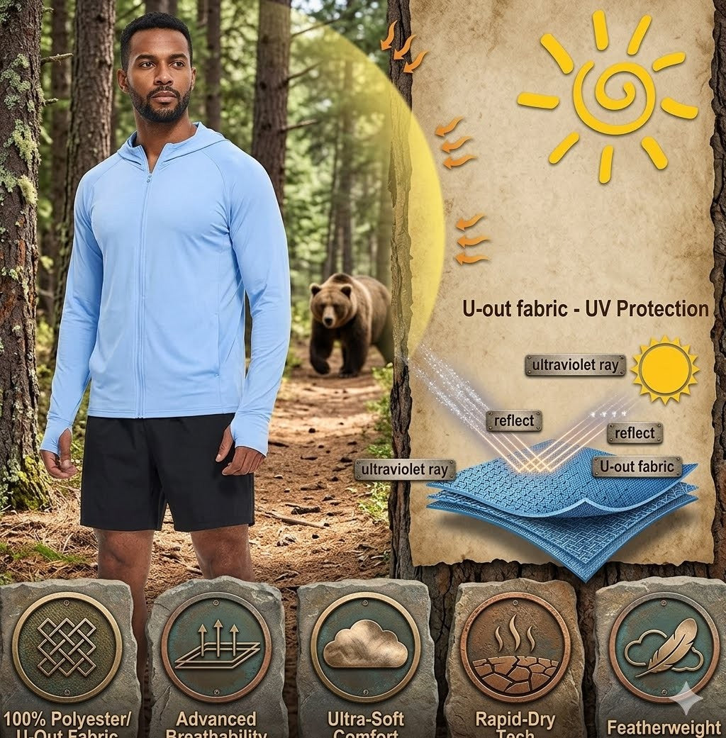 Person wearing a light blue jacket in a forest with a bear, and text about U-out fabric UV protection.