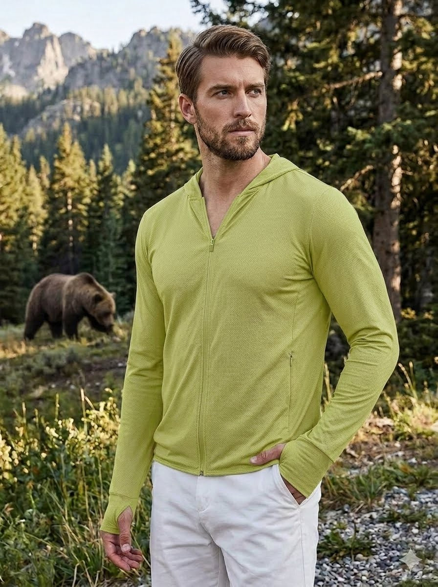 Man wearing a green jacket in a forest with a bear in the background Biggreenbear.com