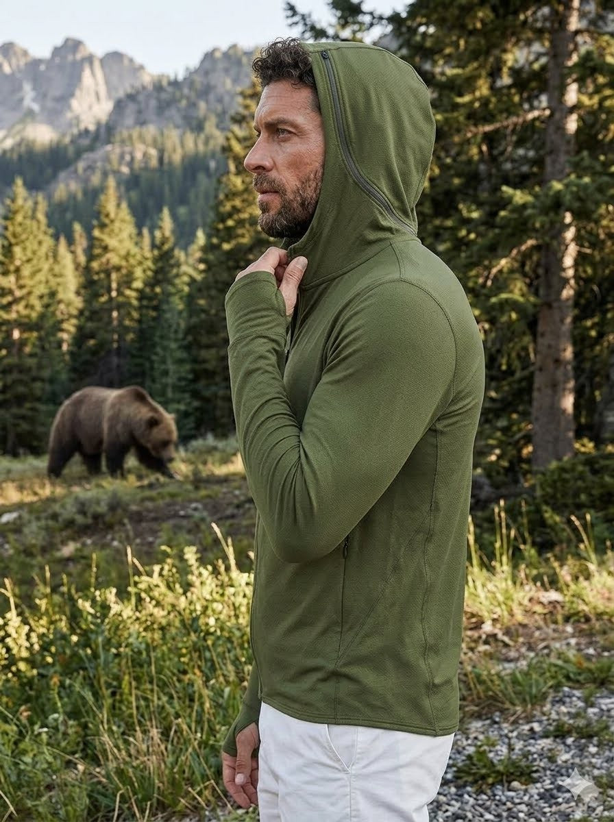 Man wearing a green hoodie in a forest with a bear in the background