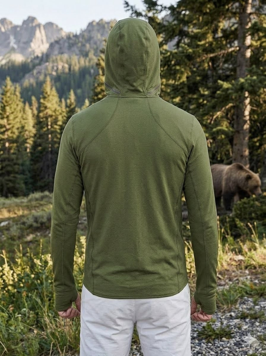 Person wearing a green hooded jacket in a forest with a bear in the background
