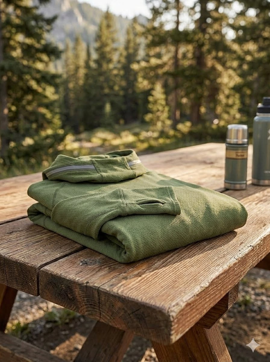 Green folded fabric on a wooden table with a forest background