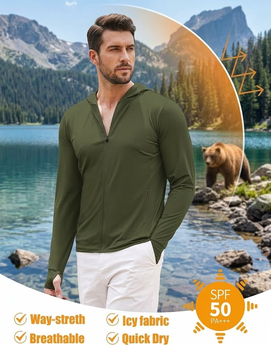 Man wearing a green jacket with a scenic background of a lake and bear.
