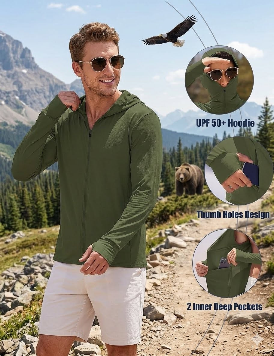Man wearing a green hoodie with mountain and nature background
