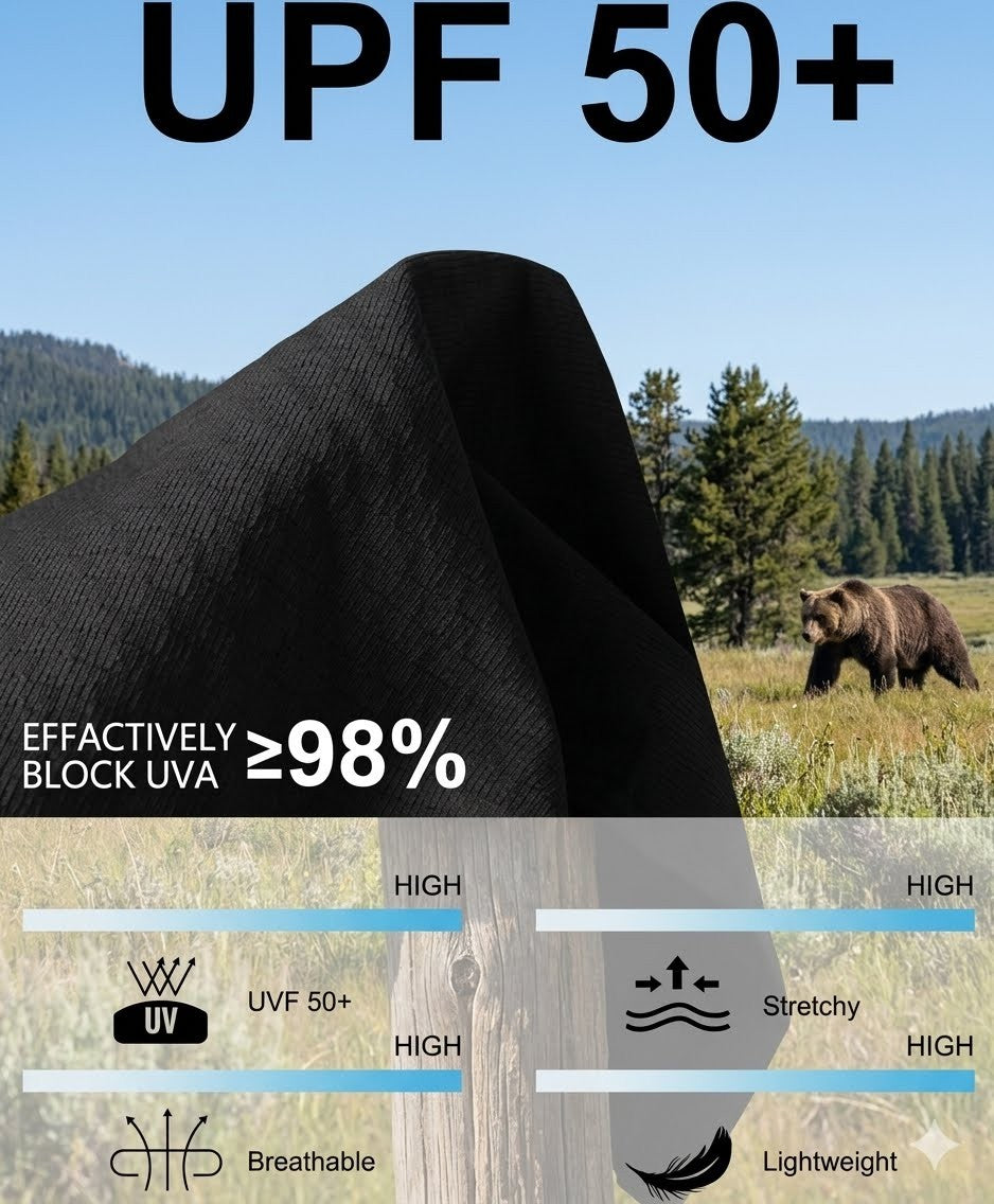 Black fabric with UPF 50+ text and bear in a forest background