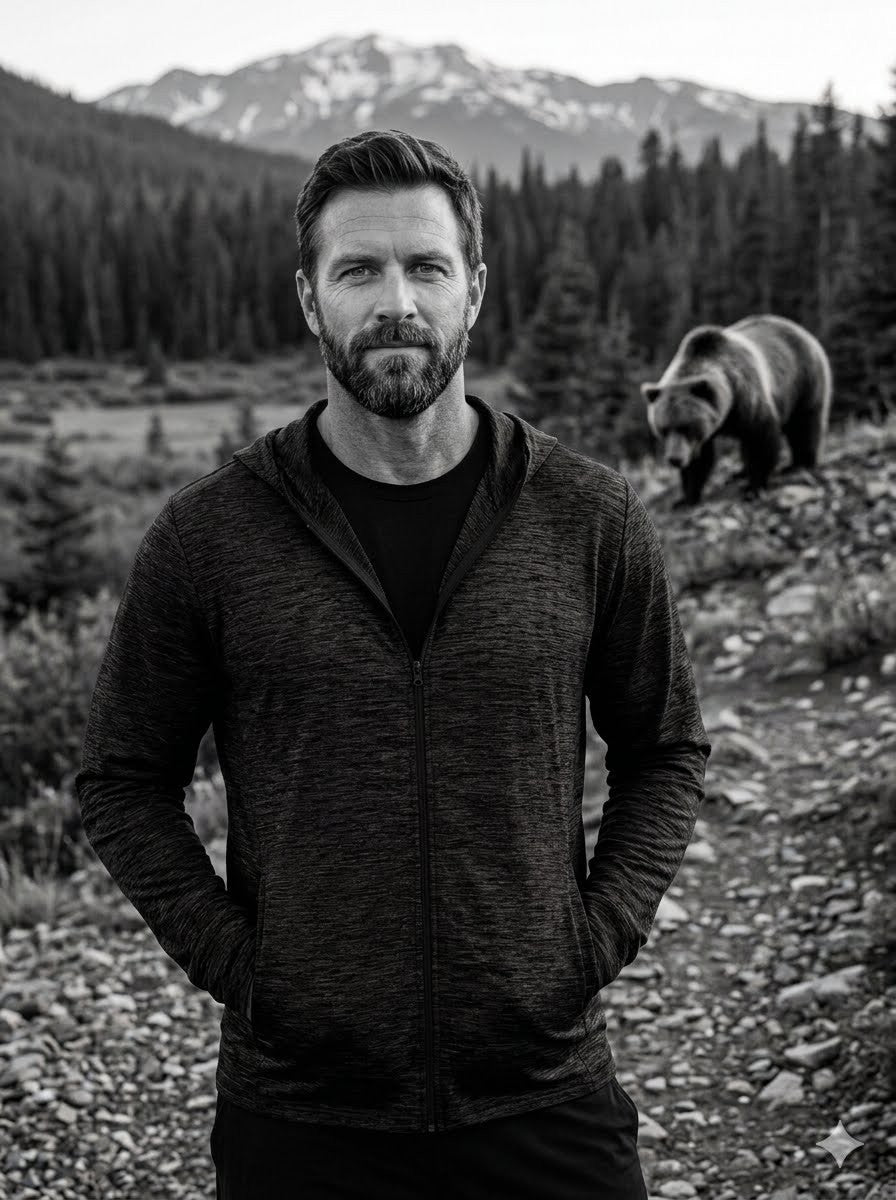 Man standing in a natural setting with a bear in the background Big Green Bear