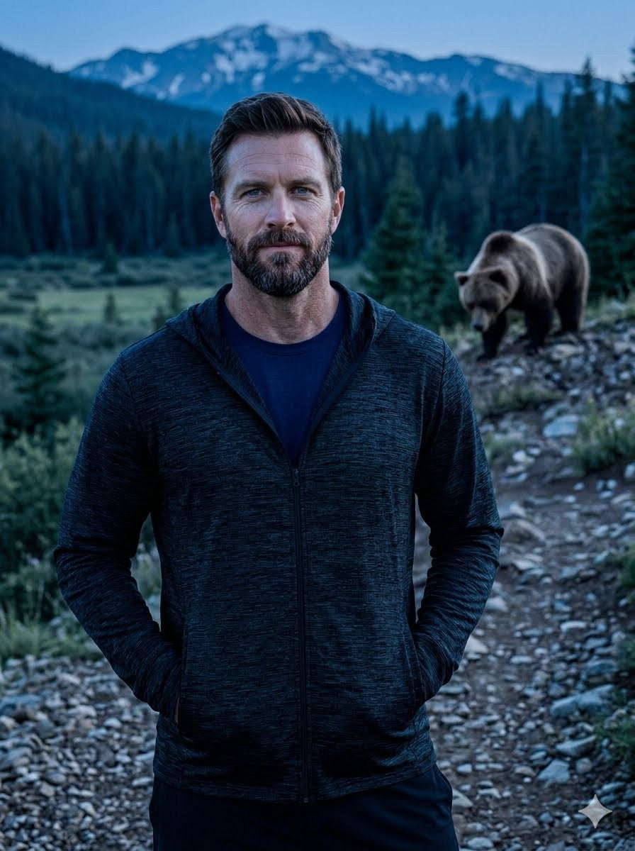 Man standing in a forest with a bear in the background Big Green Bear