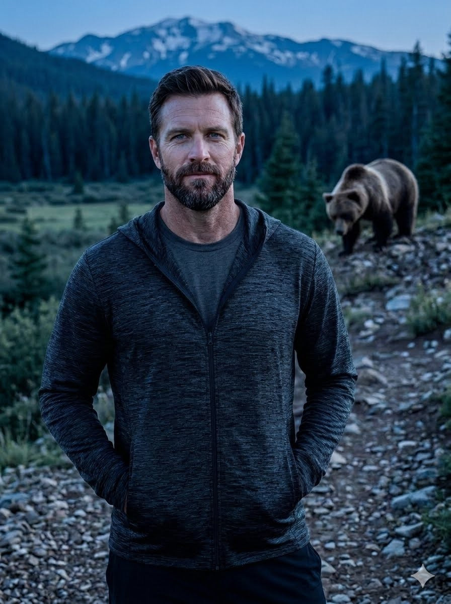 Man standing in a forest with a bear in the background ig Green Bear