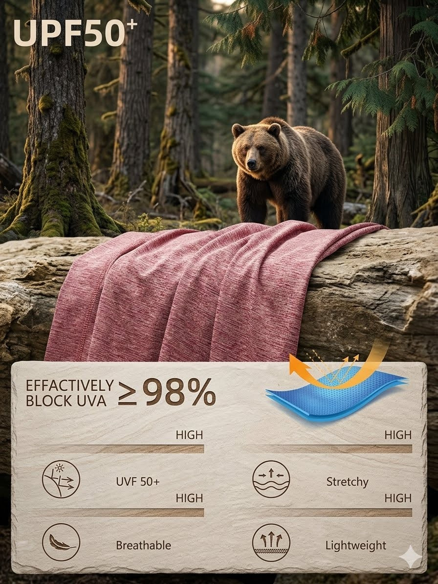 Bear in a forest with a pink fabric draped over a log, featuring UPF50+ text and fabric properties on a label.