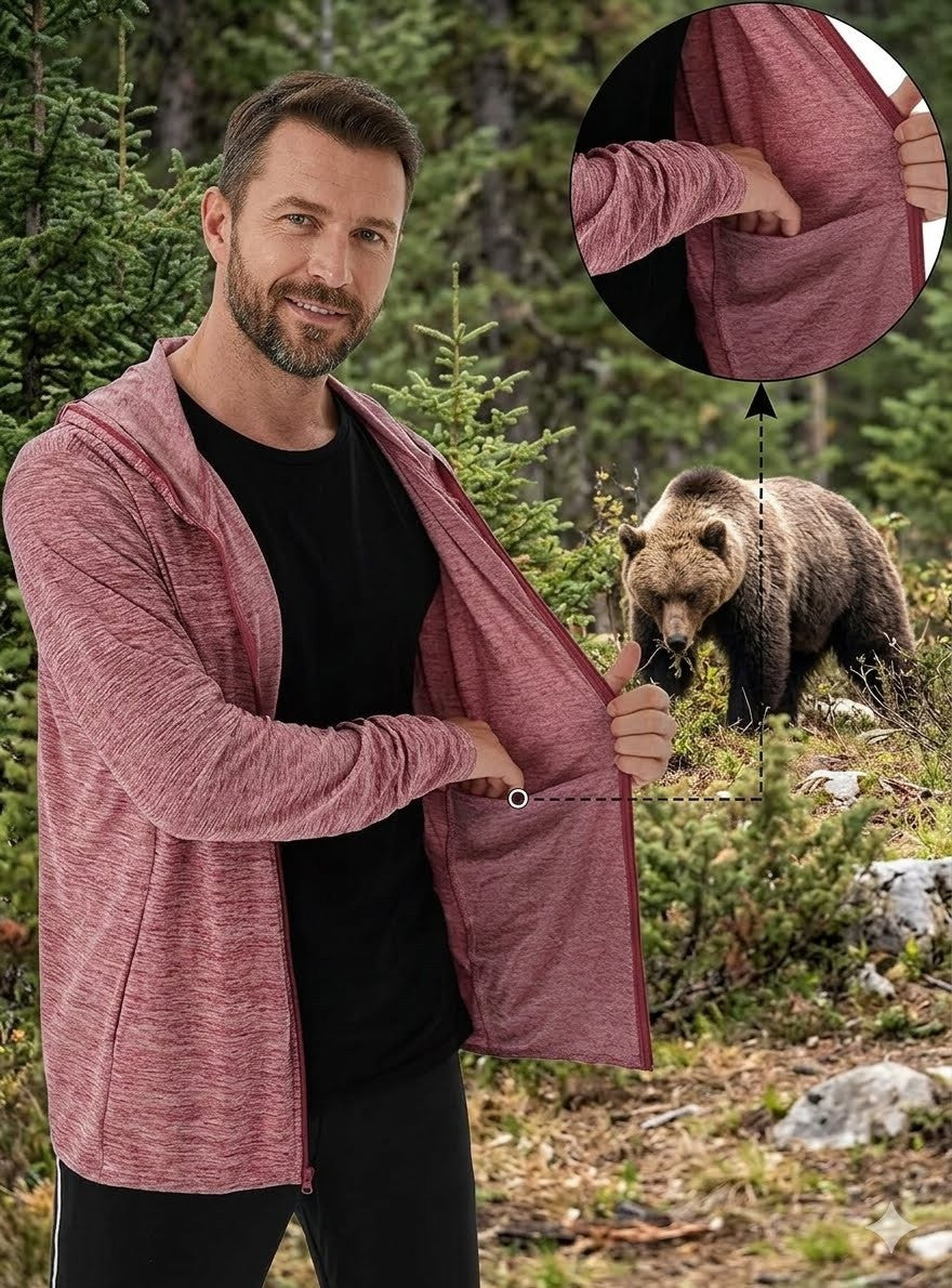 Man wearing a pink jacket outdoors with a bear in the background