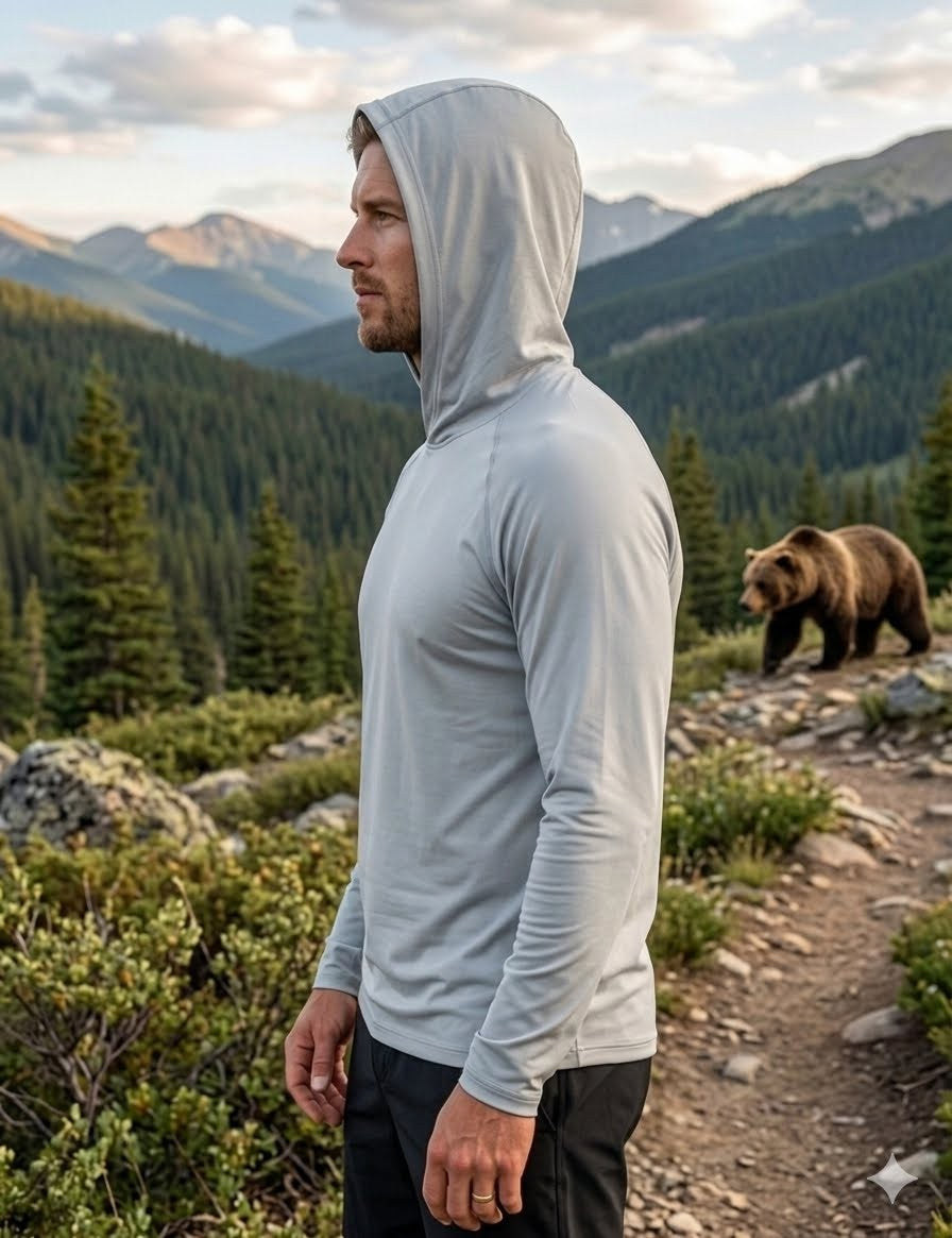 Man in a light gray hoodie standing on a mountain path with a bear in the background