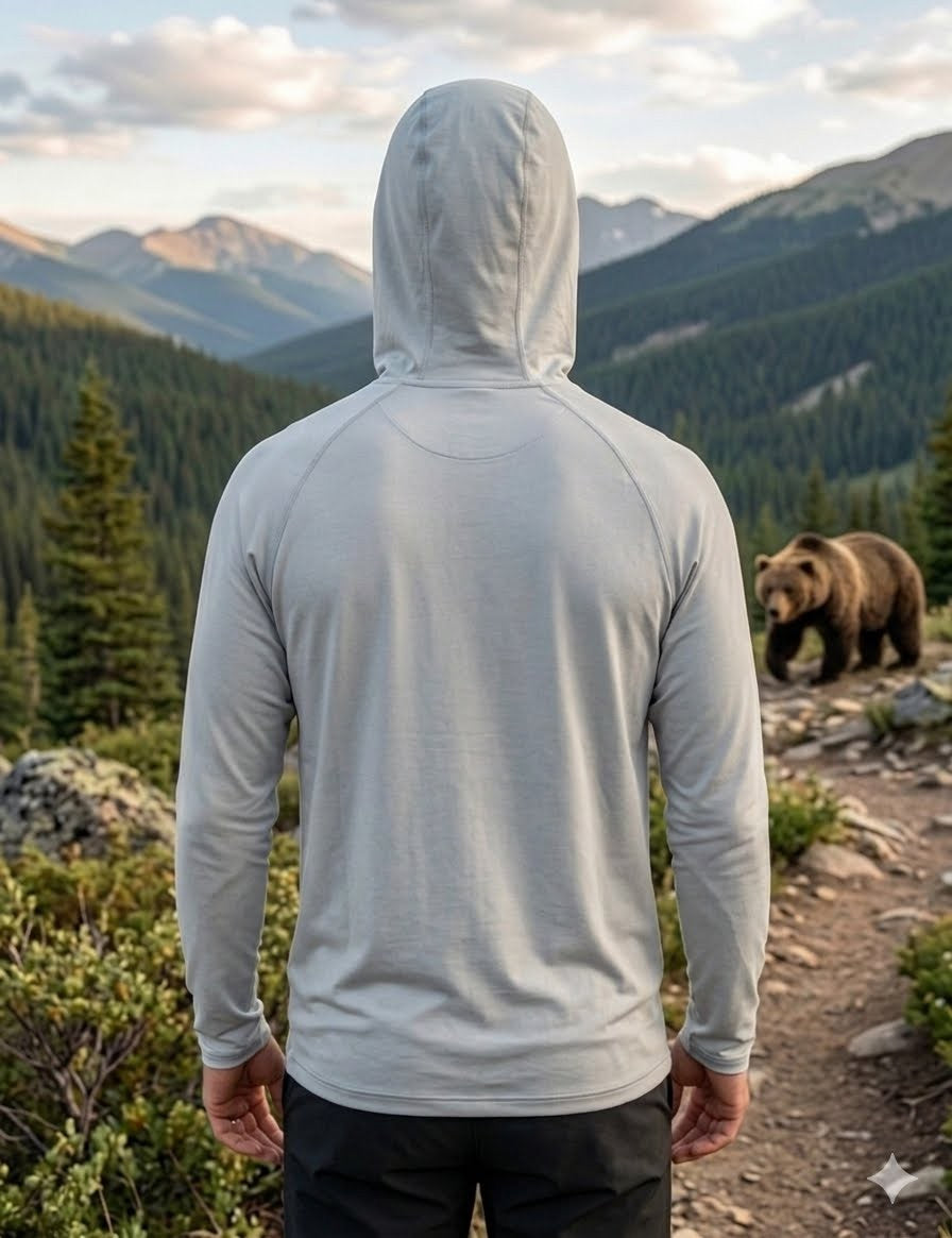 Person wearing a light gray hoodie with a bear and mountain landscape in the background