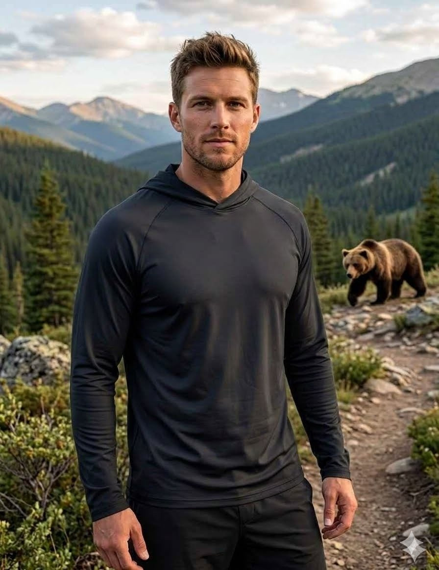 Man in a dark hoodie standing in a mountainous area with a bear in the background