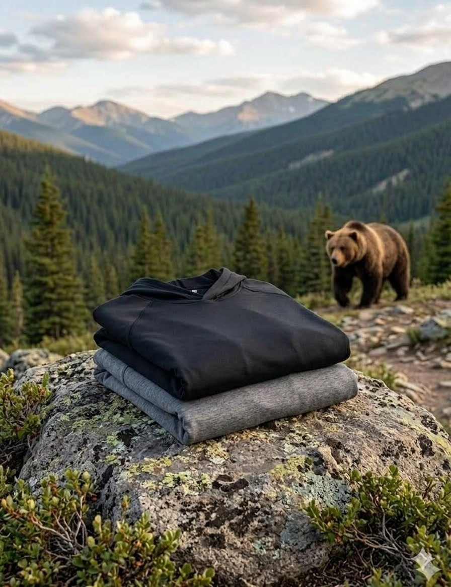 Black and gray sleeping bags on a rock with a bear and mountainous landscape in the background