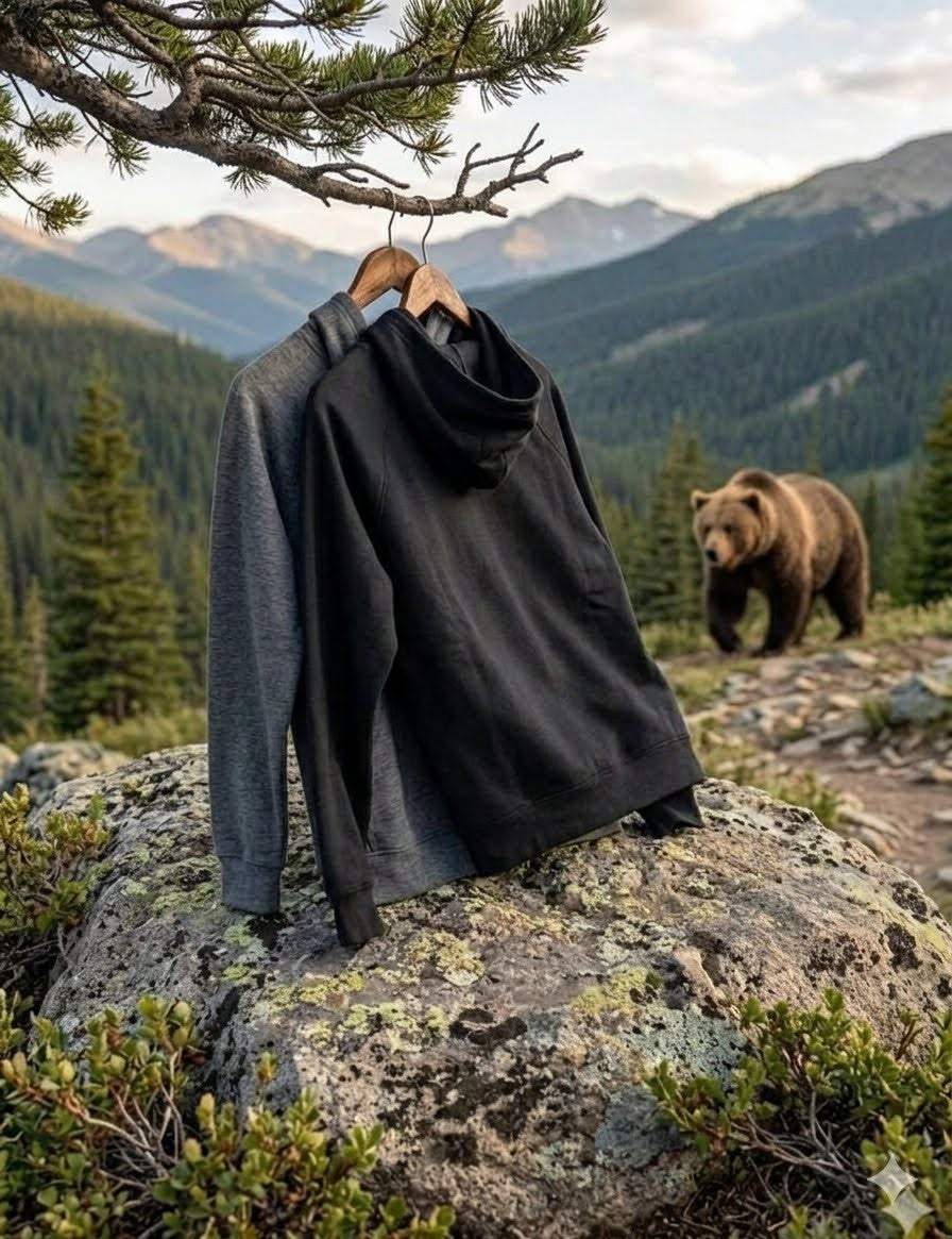 Black jacket on a hanger with a bear in the background in a mountainous landscape