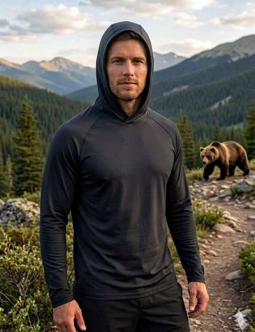 Man wearing a black hoodie standing in a mountainous area with a bear in the background Big Green Bear