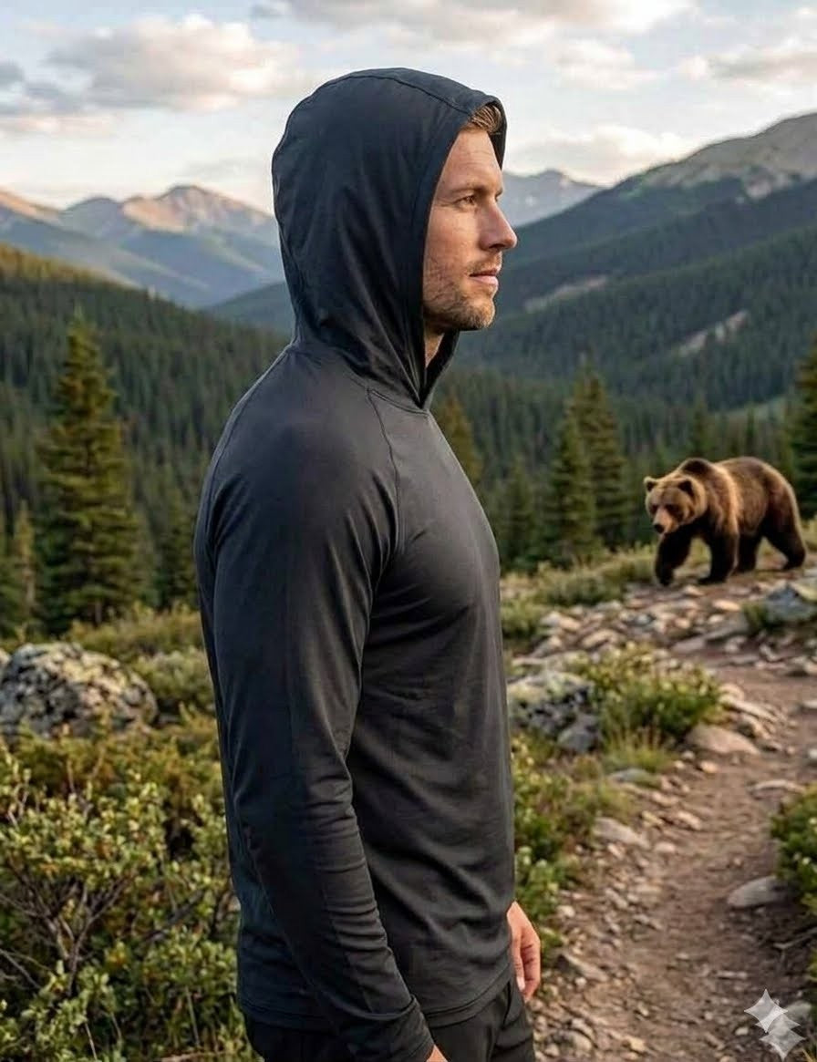 Man in a dark hoodie standing on a mountain path with a bear in the background