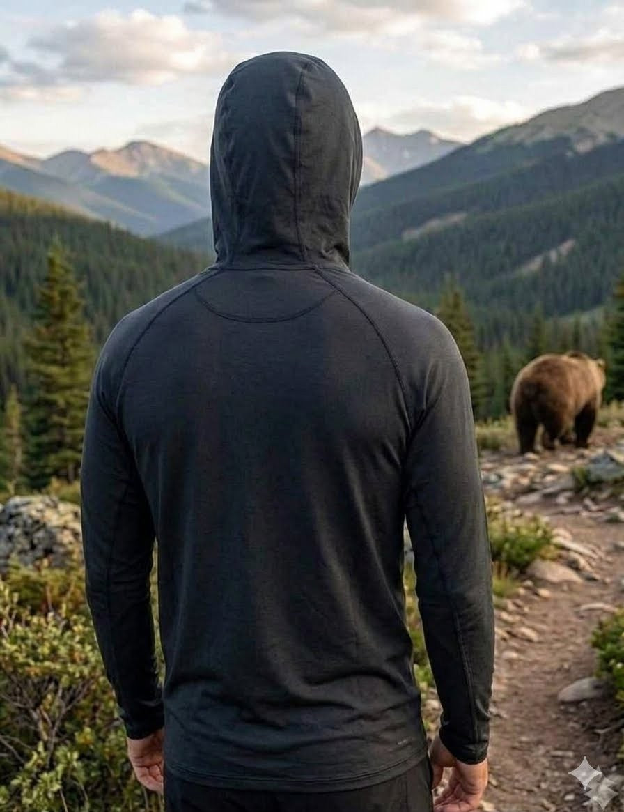 Person wearing a dark hoodie standing on a mountain path with a bear and scenic view.