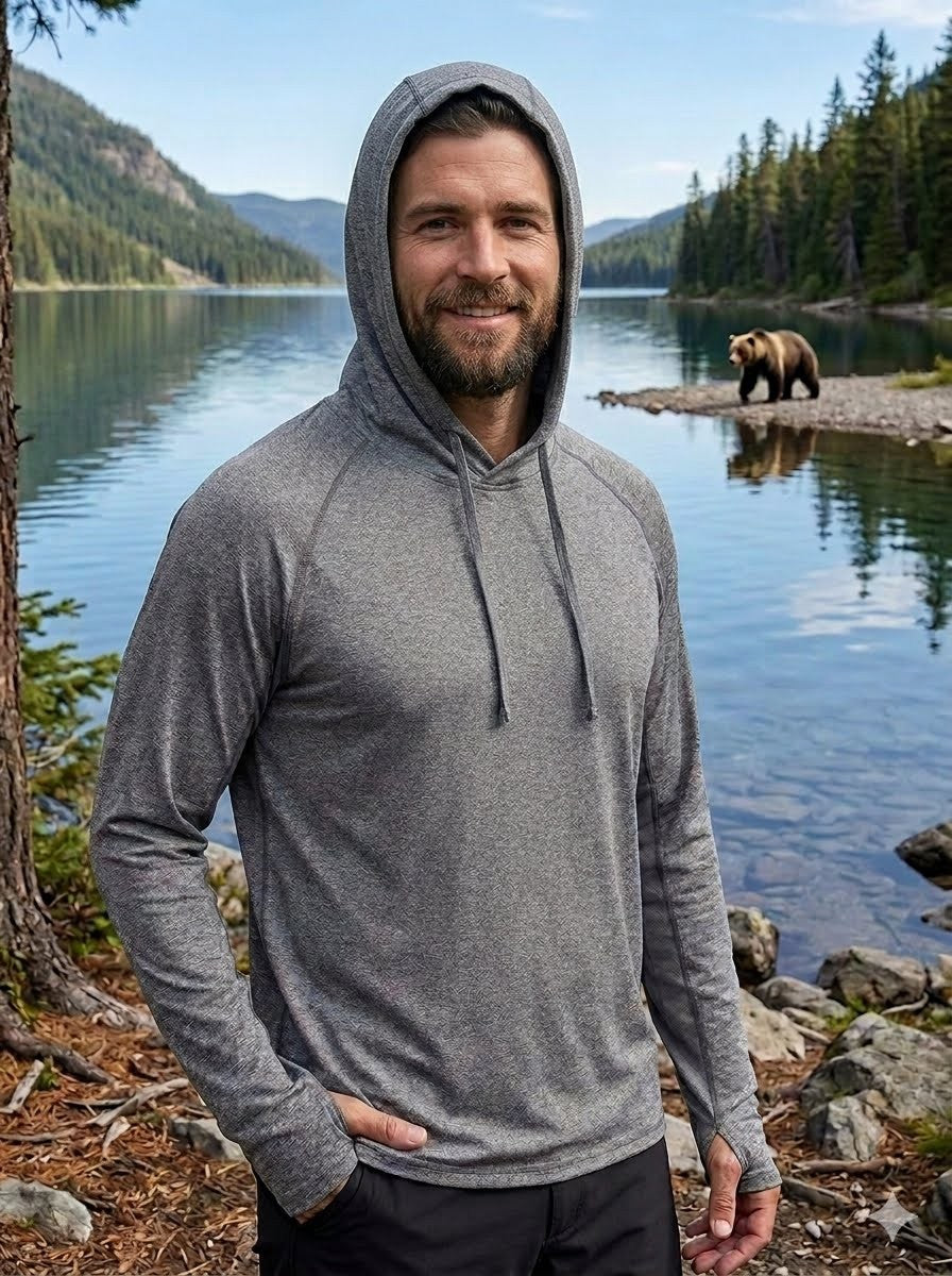 Man wearing a gray hoodie standing by a lake with a bear in the background