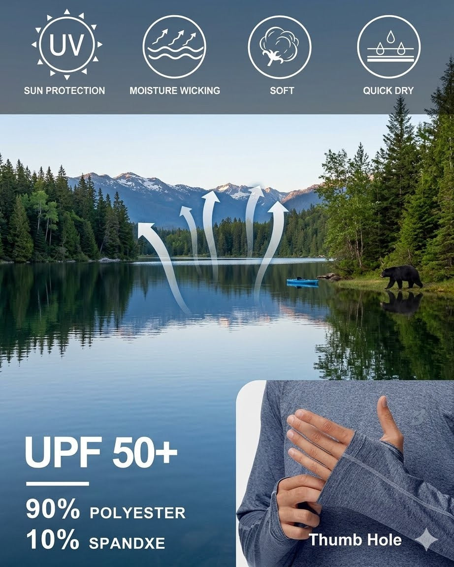 Product advertisement with UPF 50+ text and features over a scenic lake and forest background.
