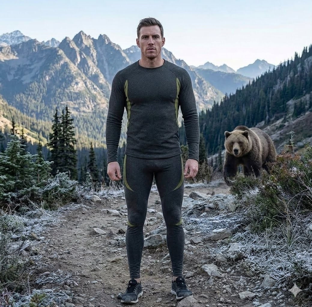 Man in athletic wear standing on a mountain trail with a bear in the background