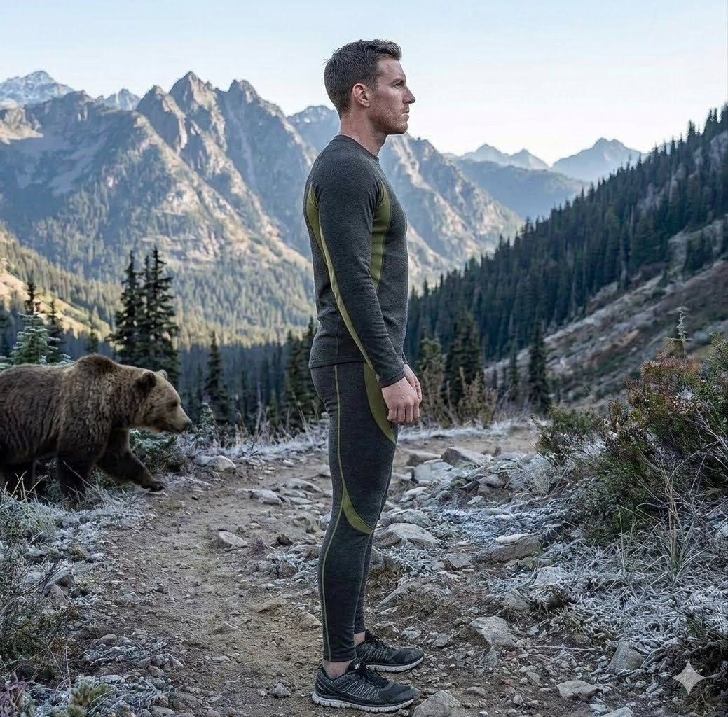 Man in wintery gear standing on a mountain path with a bear nearby