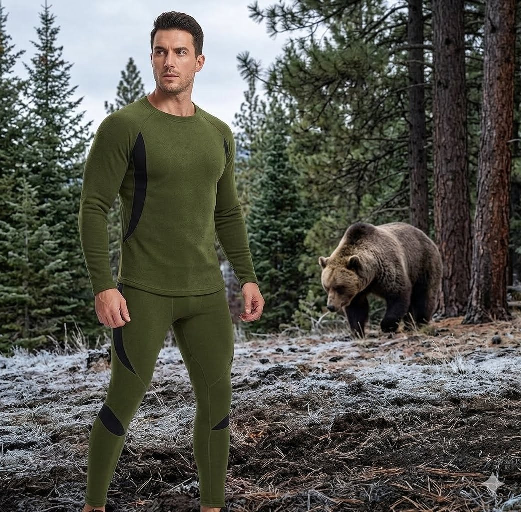 Man in green athletic wear standing in a forest with a bear in the background big green bear