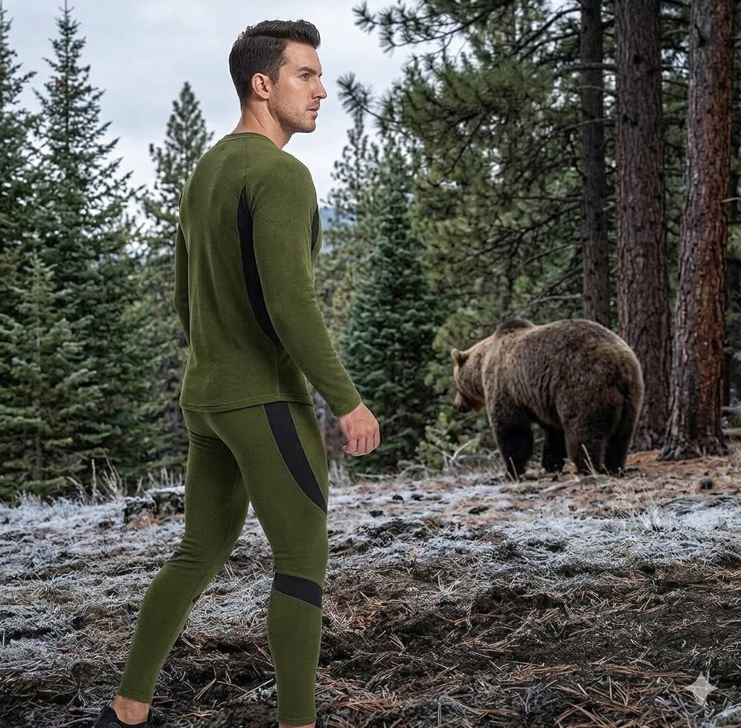 Man in green thermal outfit walking in a forest with a bear in the background